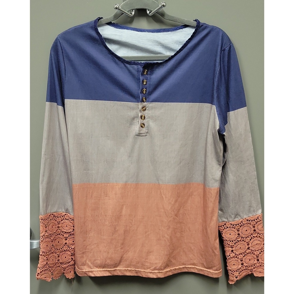 Womens Colorblock Henley Top Long Sleeve Crochet Lace Cuff Ribbed Knit XL